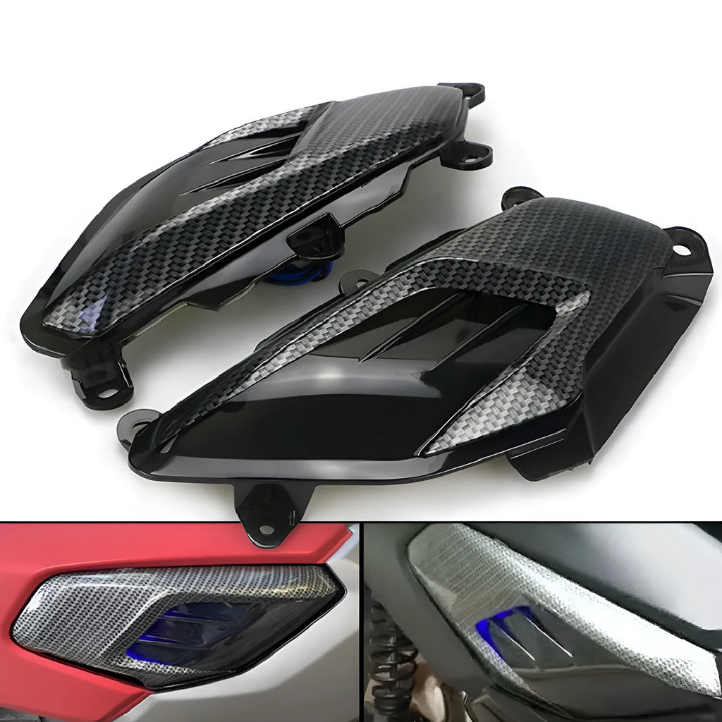 Pair of Yamaha NMAX replacement side lamps with LED lights and carbon fibre decoration