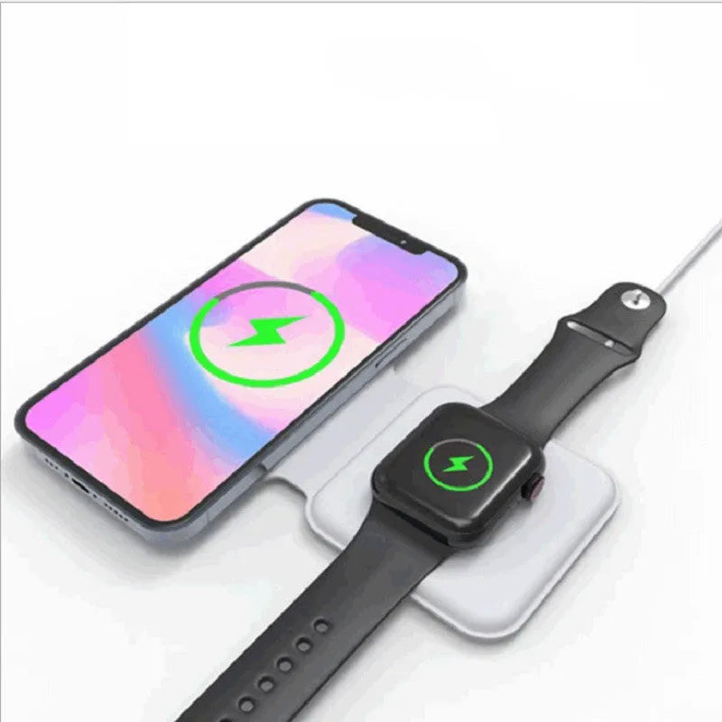 White 2 in 1 magnetic wireless charger with foldable design and dual charging surfaces