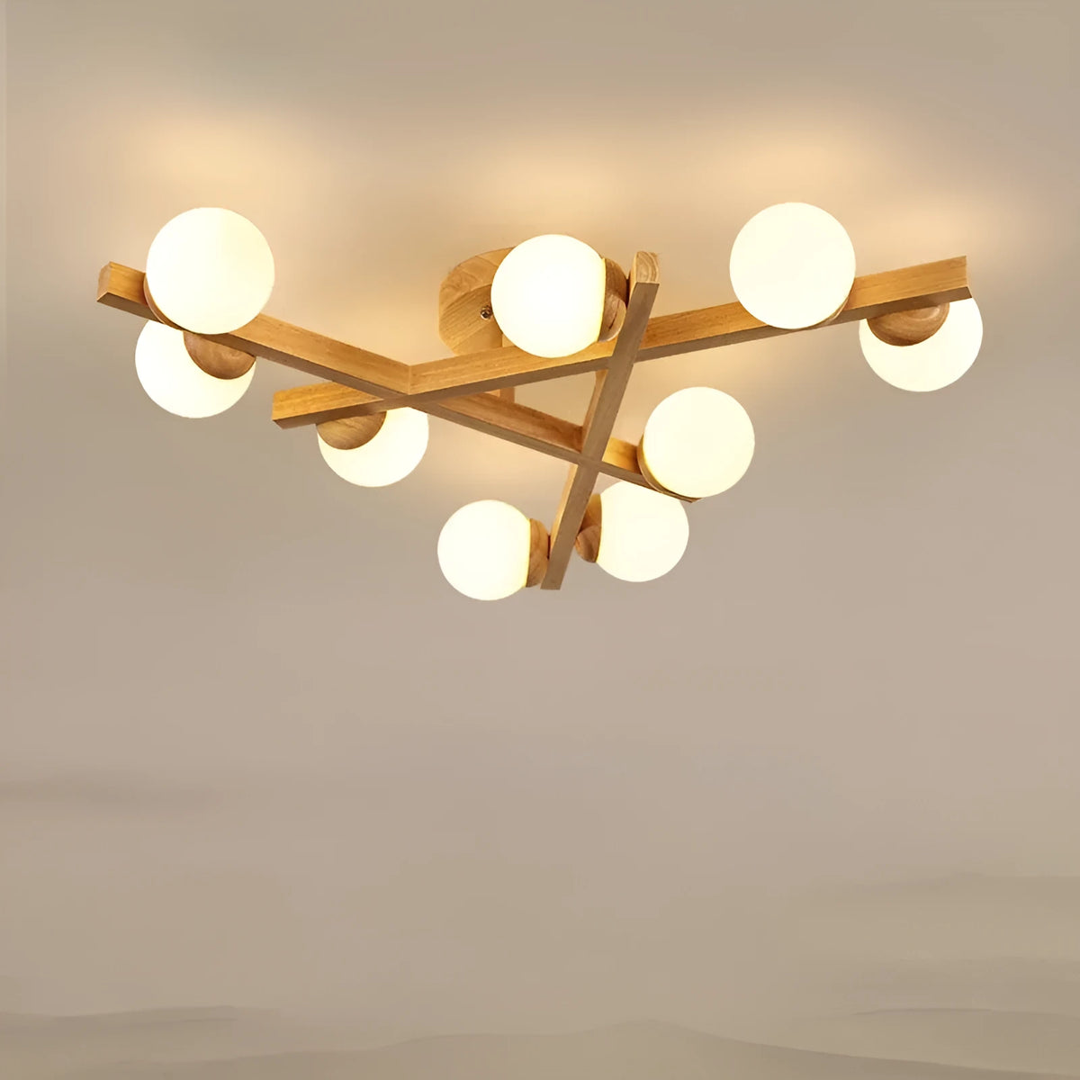 Wooden style Nordic ceiling light with three lamp heads for living room illumination