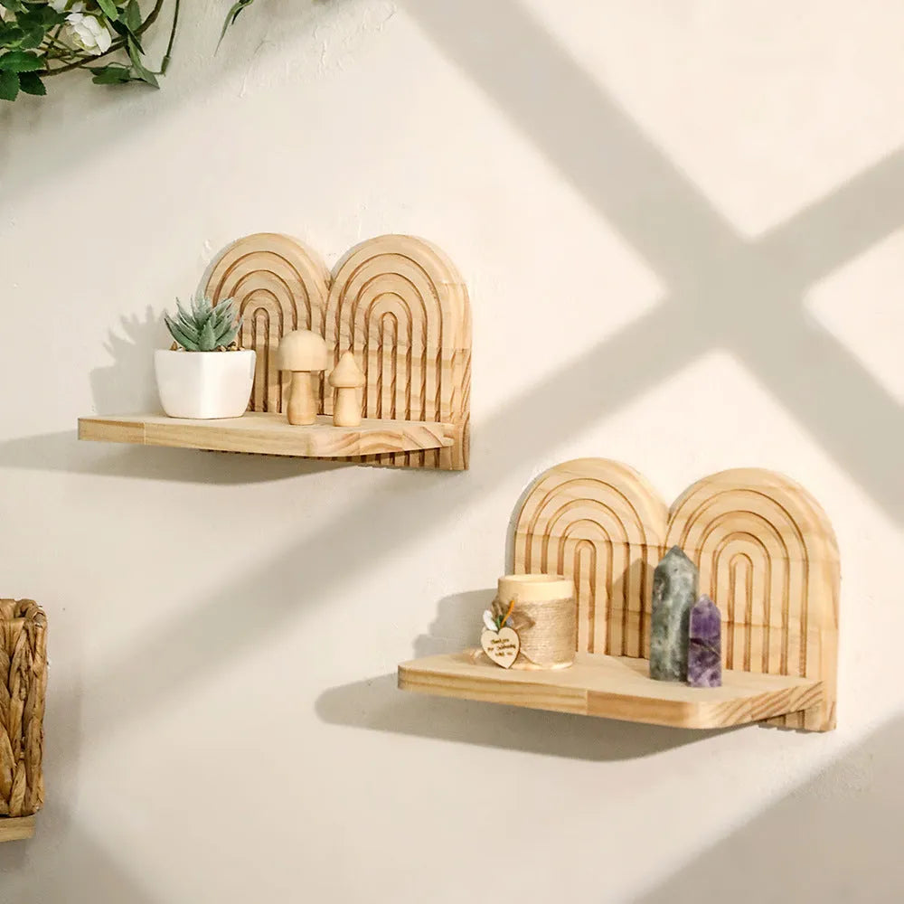 Solid wood wall-mounted flower pot storage rack with multiple tier options for plant display