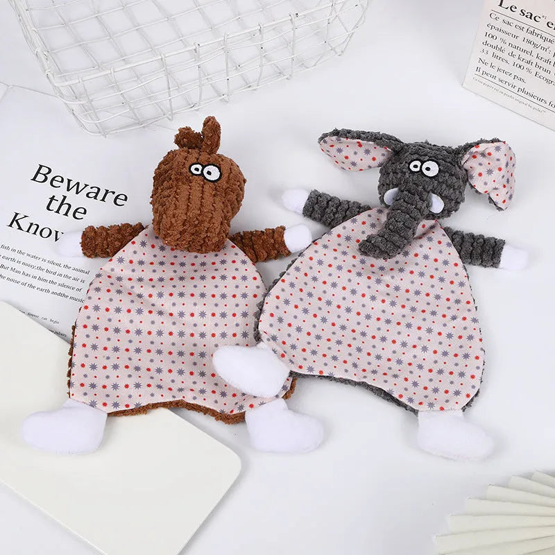 Brown velvet fox elephant plush dog toy with sound element for chewing and boredom relief.