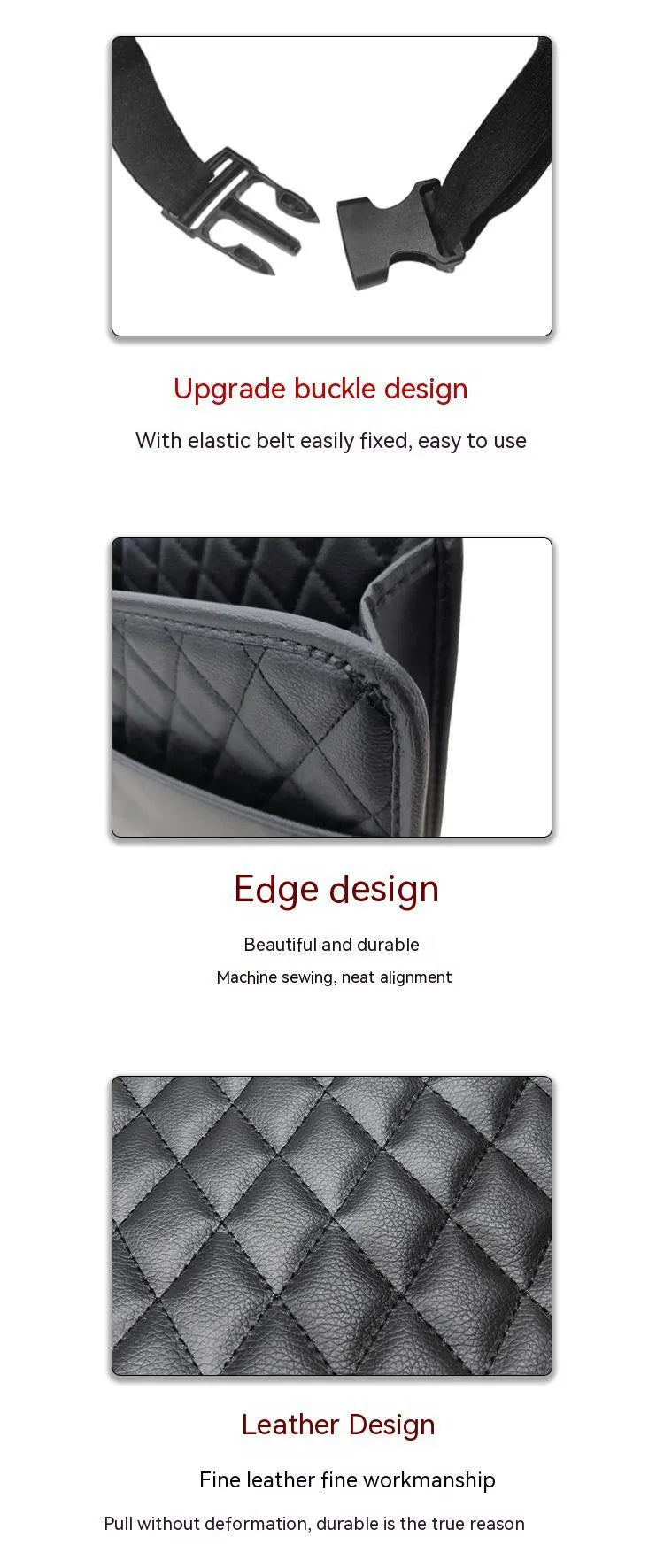 Black leather hanging storage bag for car interior, shown mounted on a headrest.