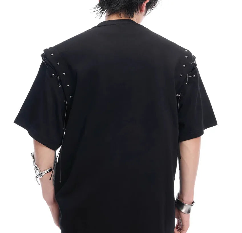 Black deconstructed short sleeve t-shirt with lace-up detail and a cutout design on a mannequin.