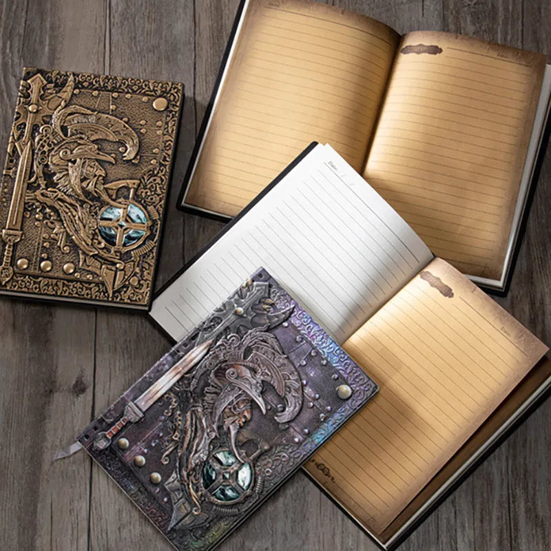 A5 leather notebook with 3D warriors relief embossed design in bronze colour option