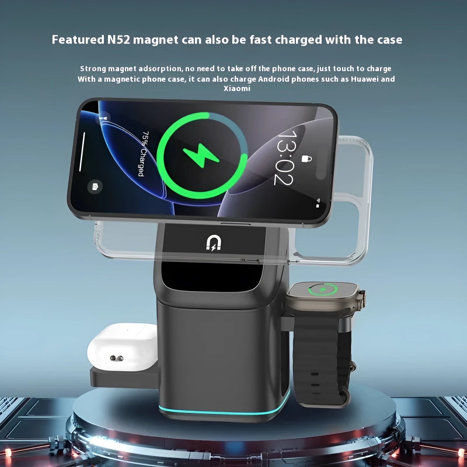 Black magnetic wireless phone charging stand showing 180-degree rotation on a desk