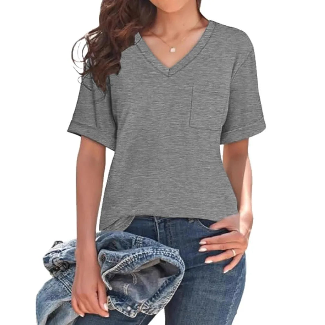 Gray loose fit V-neck t-shirt with front pocket and short sleeves