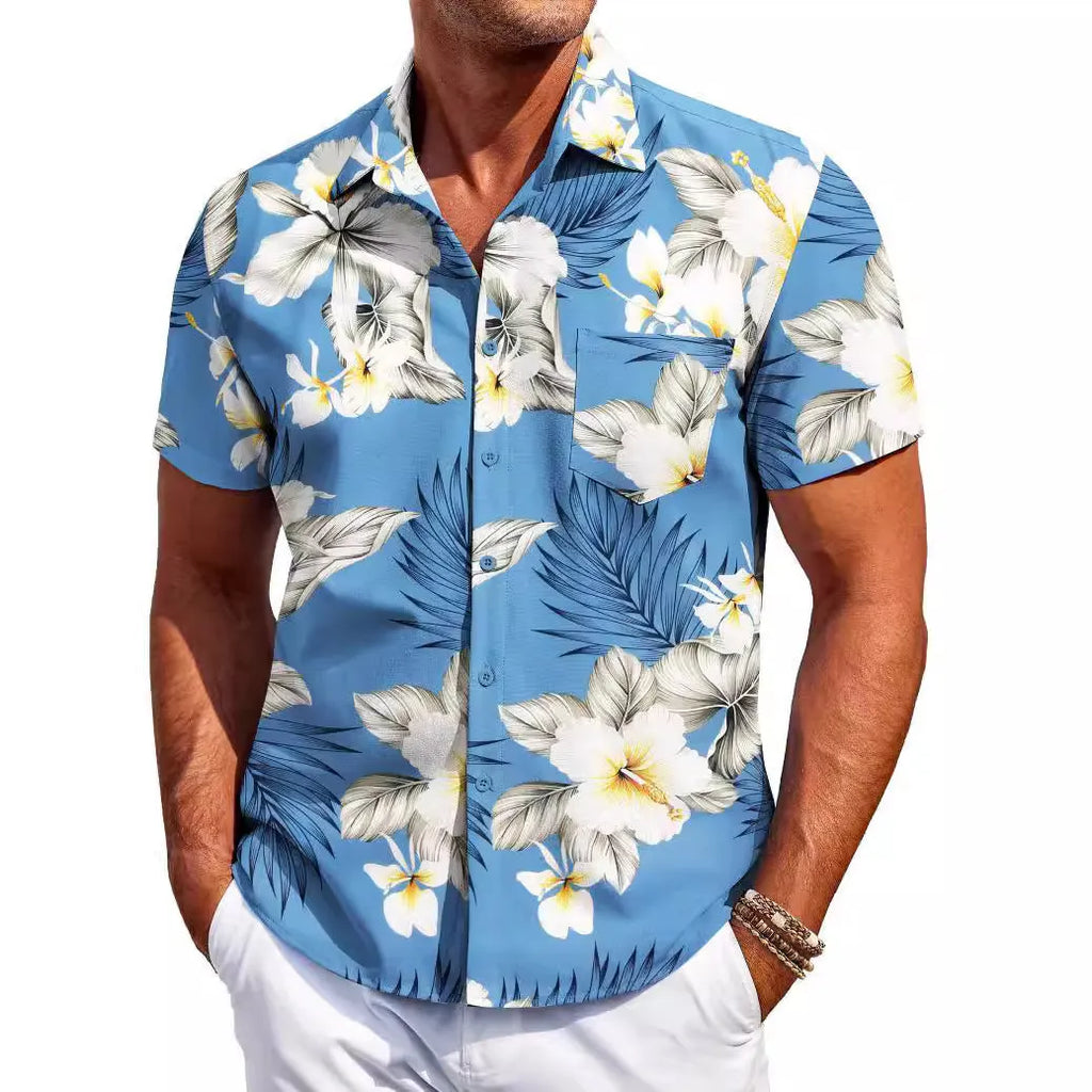 Men's slim fit Hawaiian short sleeve shirt with button-up front and elastic polyester fabric