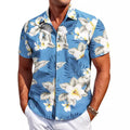 Men's slim fit Hawaiian short sleeve shirt with button-up front and elastic polyester fabric