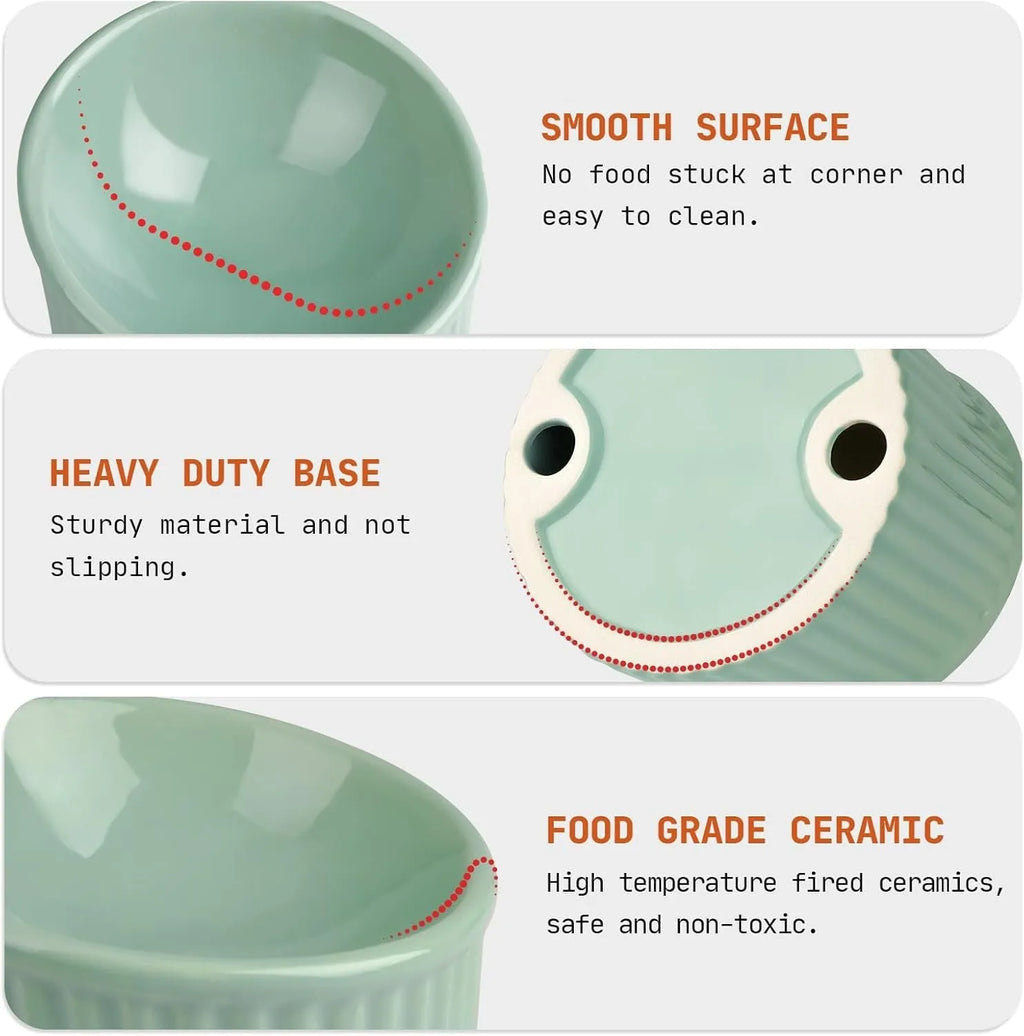 Dark green ceramic elevated cat bowl with round, whisker-friendly shape on a tilted base.