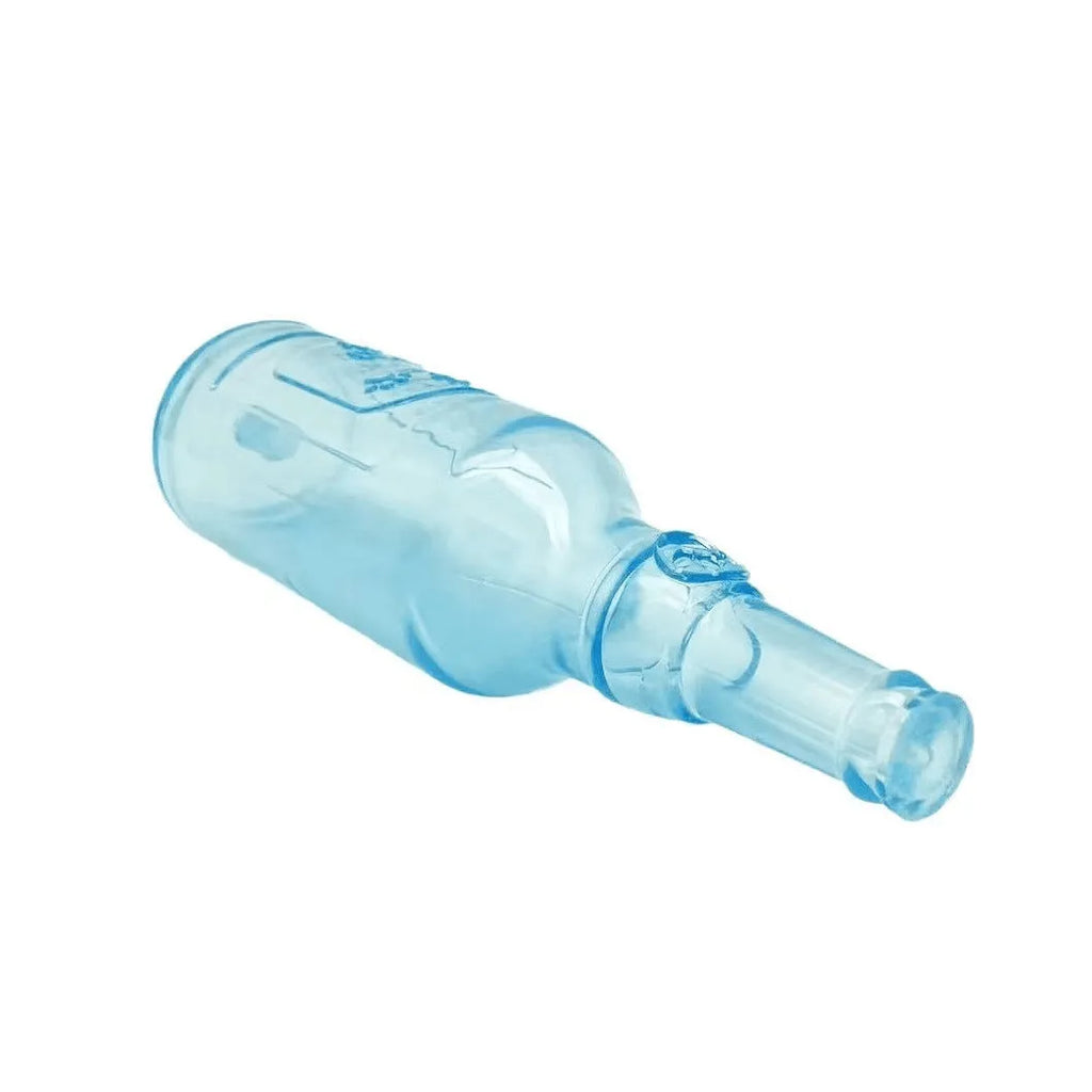 Blue natural rubber water bottle dog toy with squeaker tail for aggressive chewers