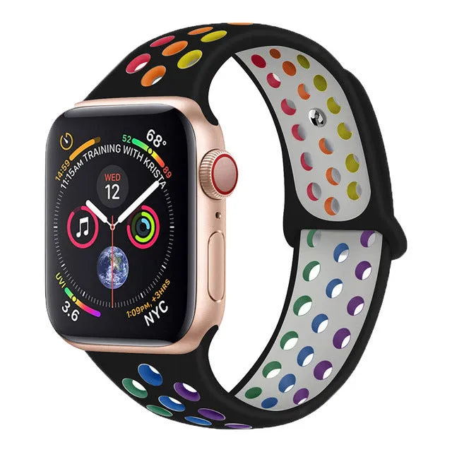 Unisex liquid silicone sports wristband strap in black rainbow or white for 38mm 40mm 42mm 44mm watches