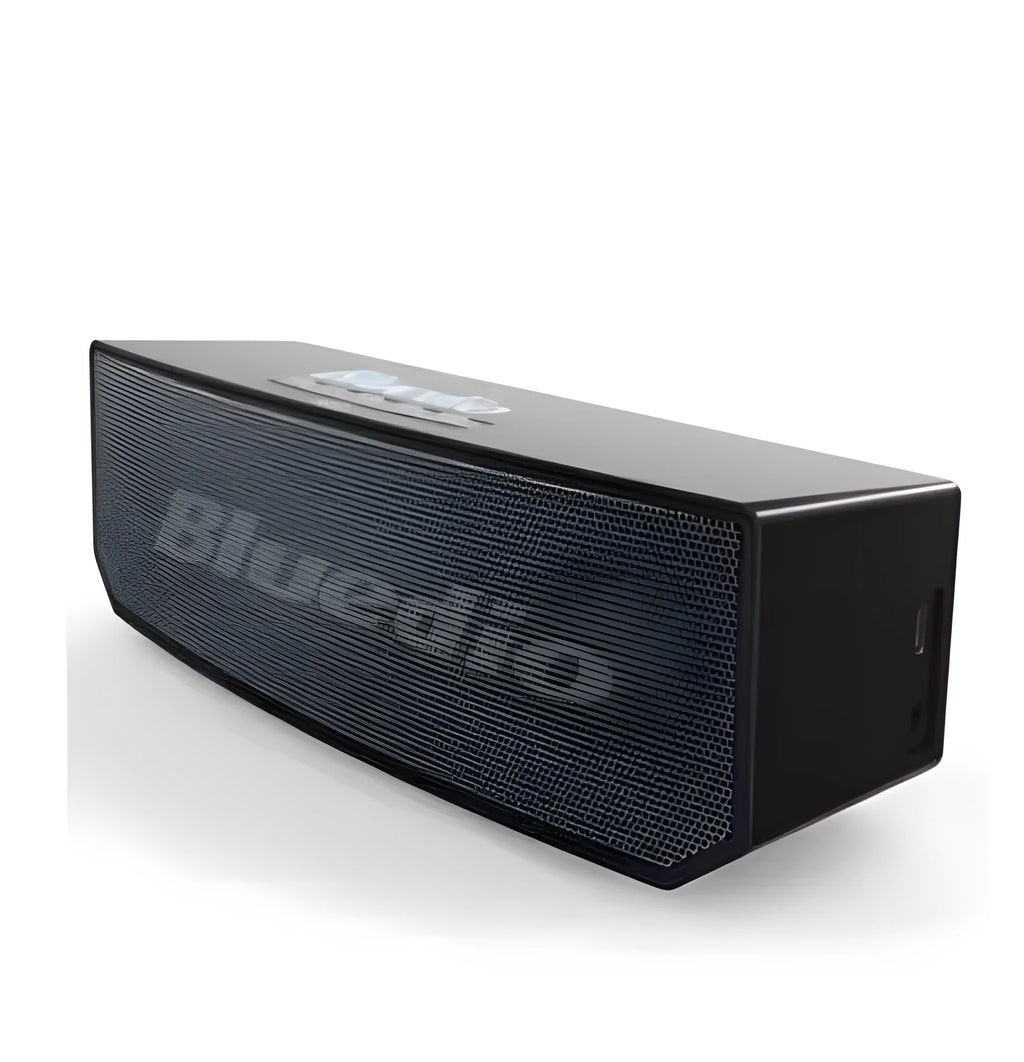 Black cloud smart speaker with compact design showing dimensions and Micro-USB charging port