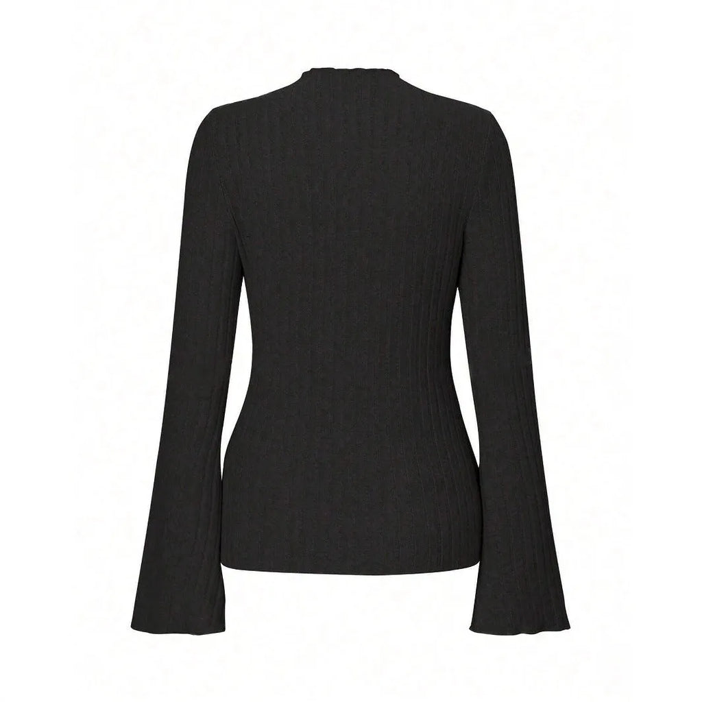 Long sleeve slim fit pullover top with lantern sleeves in black brushed polyester fabric