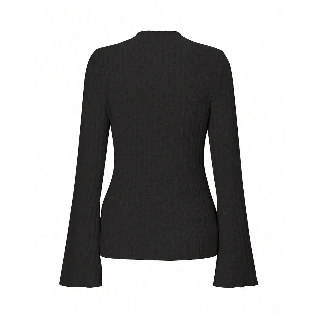 Long sleeve slim fit pullover top with lantern sleeves in black brushed polyester fabric