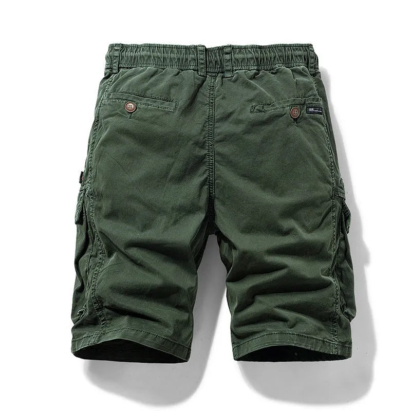 Men's cotton shorts with zipper and multiple pockets in army green colour