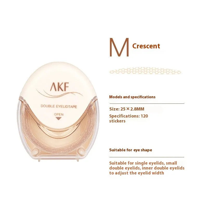 Roll of transparent lace double eyelid stickers in crescent and olive shapes on a clean background