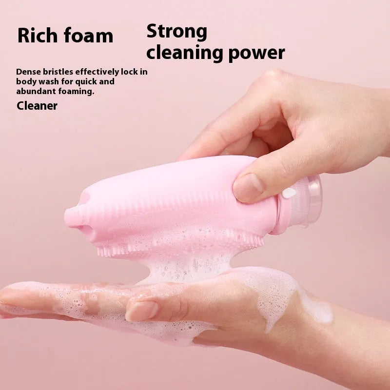 Creative silicone bath brush storage bottle in various colours including pink, sea blue and light grey.
