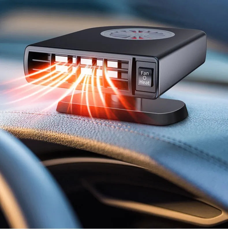 Black compact DC 12V car heater for defrosting and defogging with 360-degree rotation.
