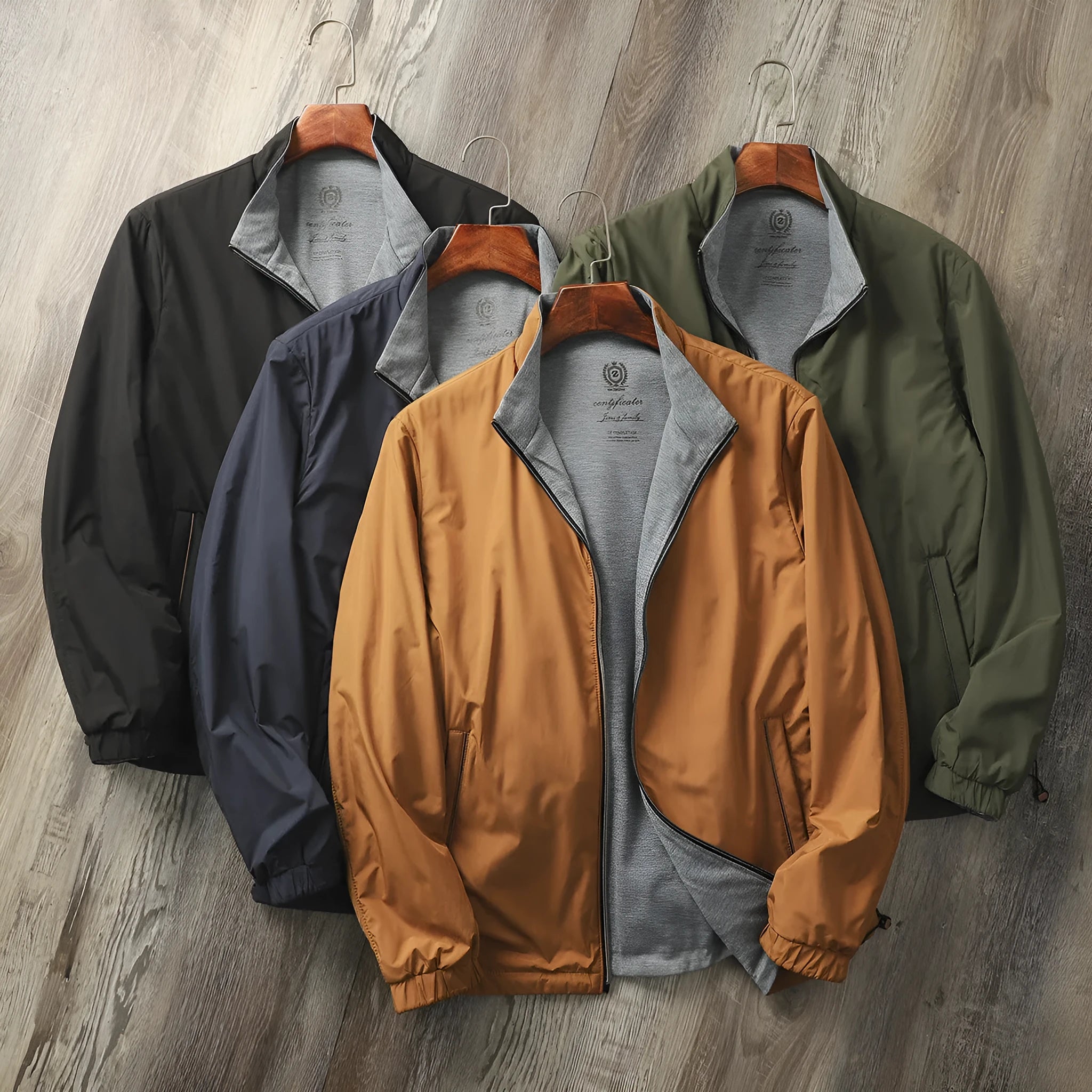 Men's stand collar casual jacket in polyester blend shown in army green colour.