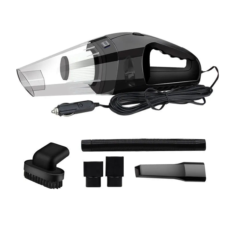 Compact orange handheld car vacuum cleaner with cable next to car seats