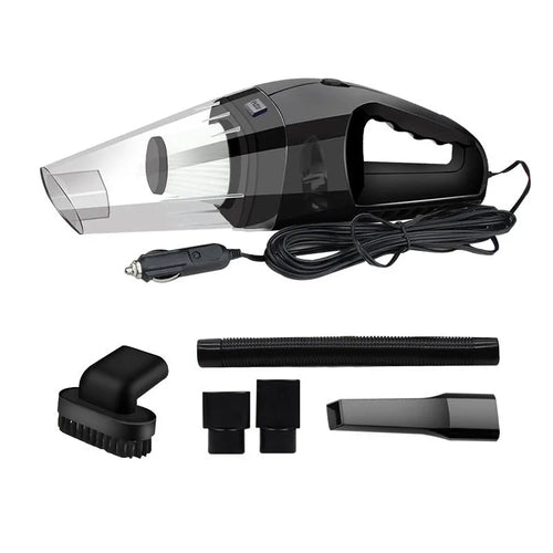 Compact orange handheld car vacuum cleaner with cable next to car seats
