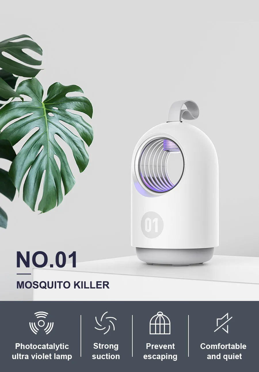 Blue and white indoor mosquito killer lamp with UV light ring, suction vents, and a silicone carry handle.