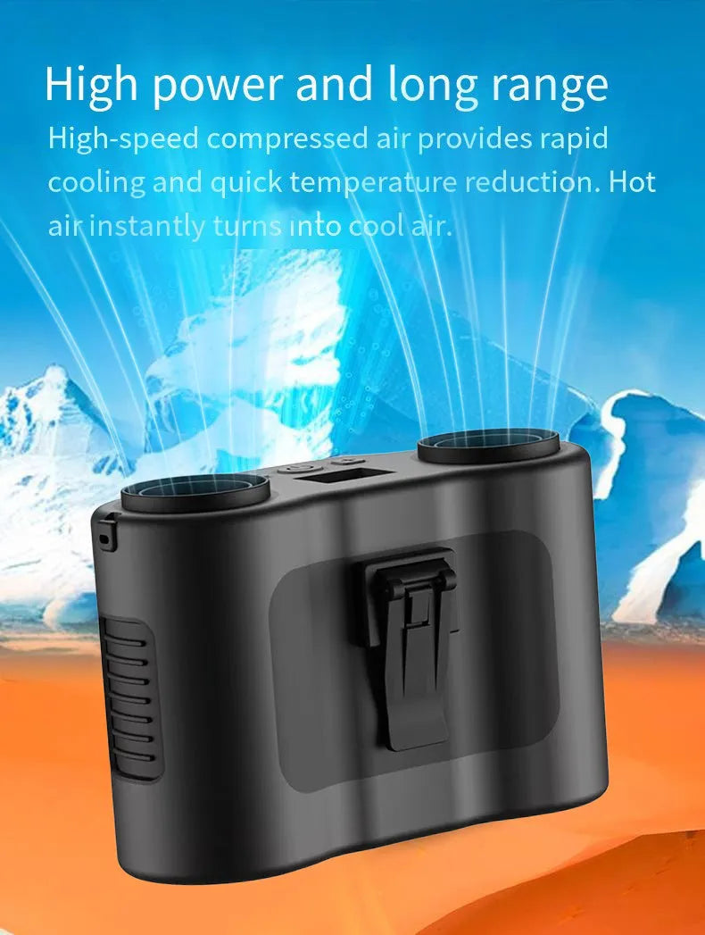 Black waist-hung personal portable fan with lanyard, showing five-blade turbine and top control button.