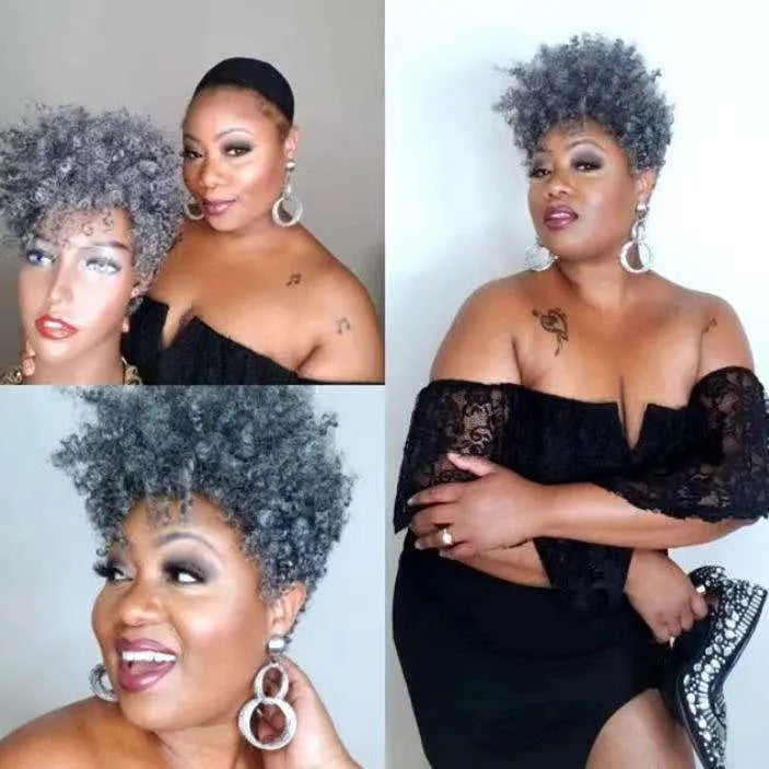 Women's synthetic wig with exotic roll styling in black, brown, gold, and grey colour options