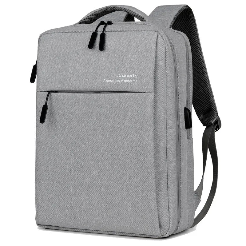 Black waterproof rechargeable laptop backpack with shoulder straps, showing front compartment
