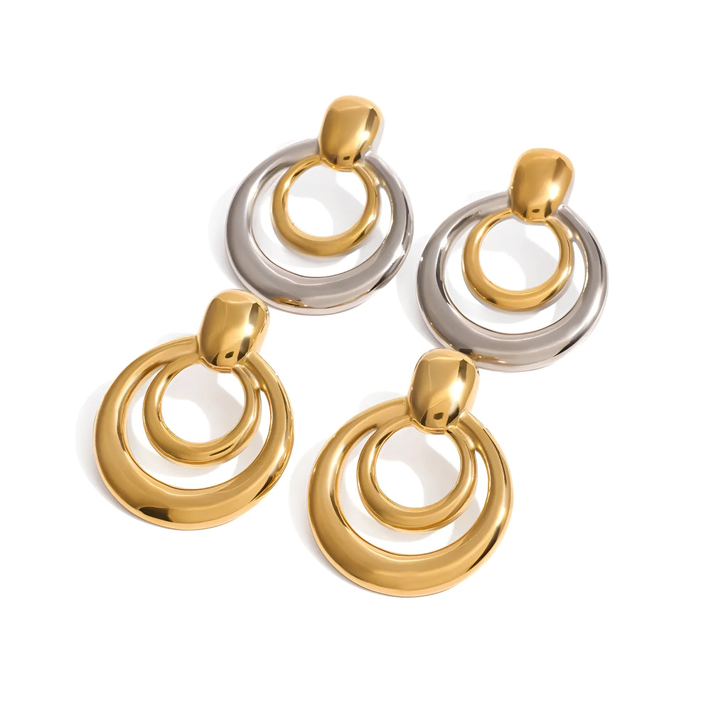 18K gold electroplated titanium steel round double layer hollow stud earrings for women