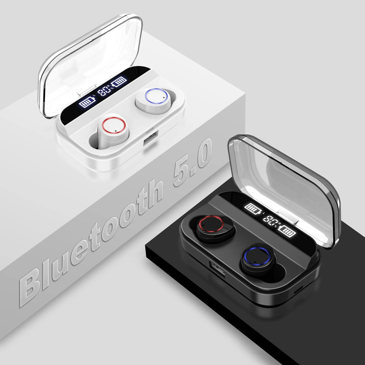 Black X11 Sky-Free true wireless Bluetooth earbuds with compact charging case on a white background.