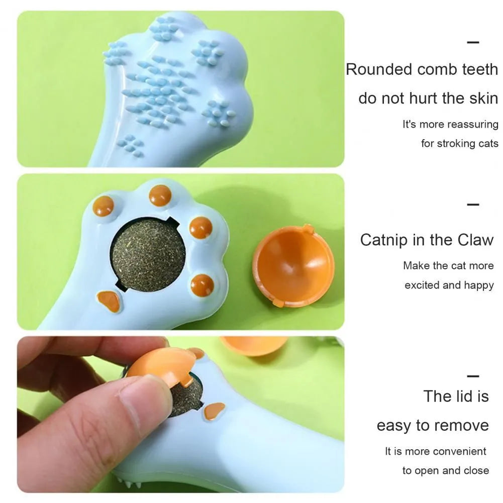 Cartoon-shaped cat toy and massage comb with comb teeth and a dust-proof cover, shown in assorted colours.