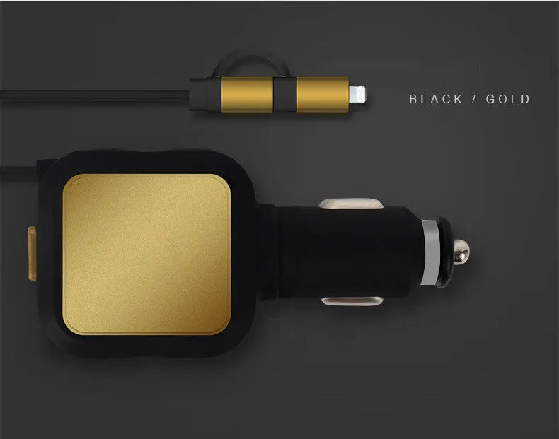 Black and gold dual USB car charger with retractable cable for vehicle charging