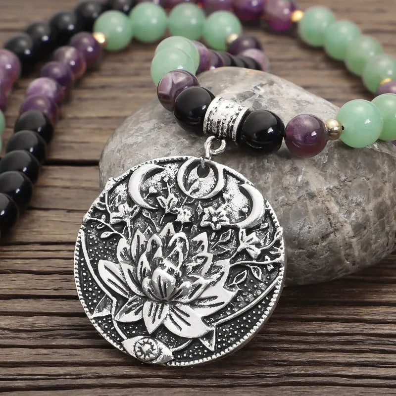 Handmade stone bead yoga necklace with alloy lotus pendant and matching bracelet