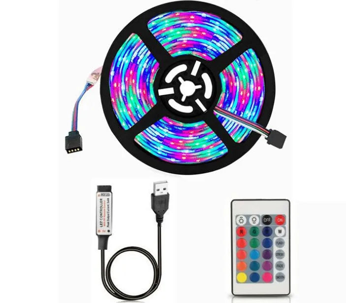 A flexible 1-metre long USB LED light strip showing multiple coloured SMD5050 LEDs on its surface.
