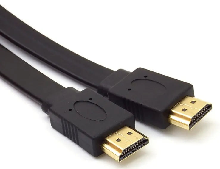 Flat black HDMI cable with standard connectors on a white background.