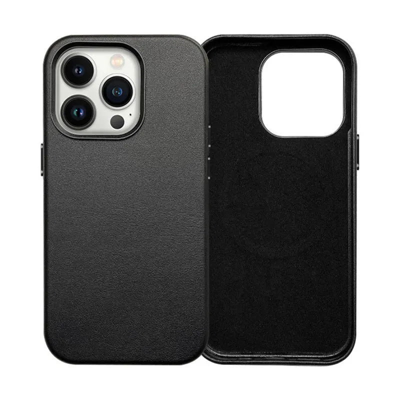 Magnetic leather phone case for iPhone 14 series in Midnight, Golden Brown, Pine Green, Thick Ink, Ochre Red.