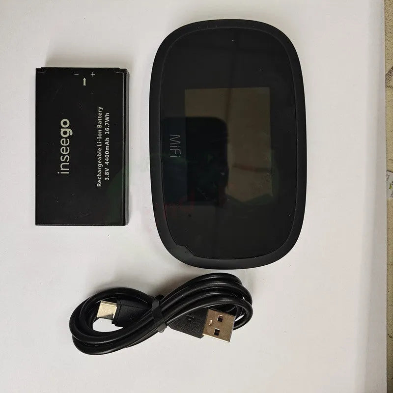 Black portable 4G LTE WiFi router with dual-core processor measuring 10x20x3 cm