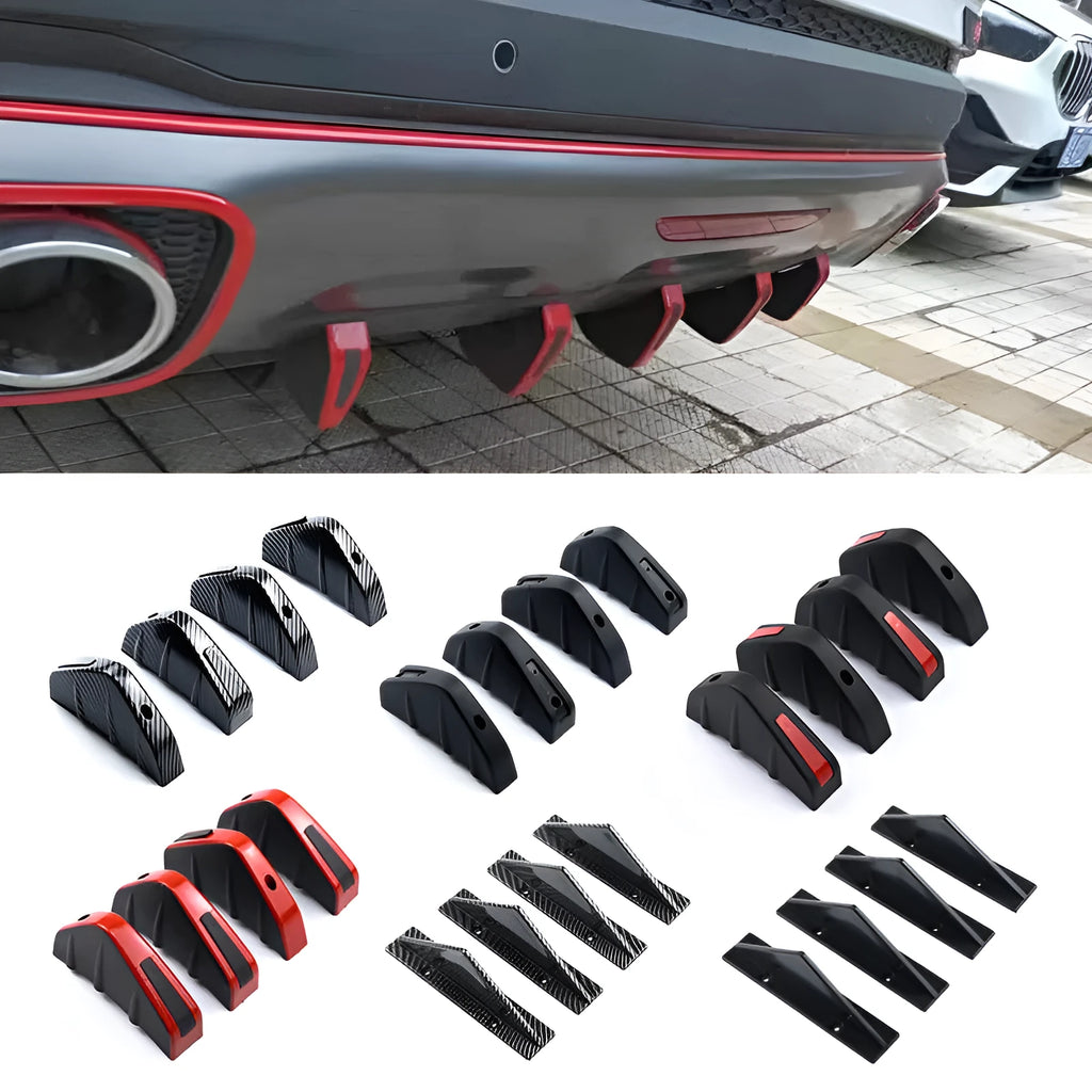 Black ABS plastic triangle car rear spoiler measuring 15cm wide, shown with adhesive and screws.