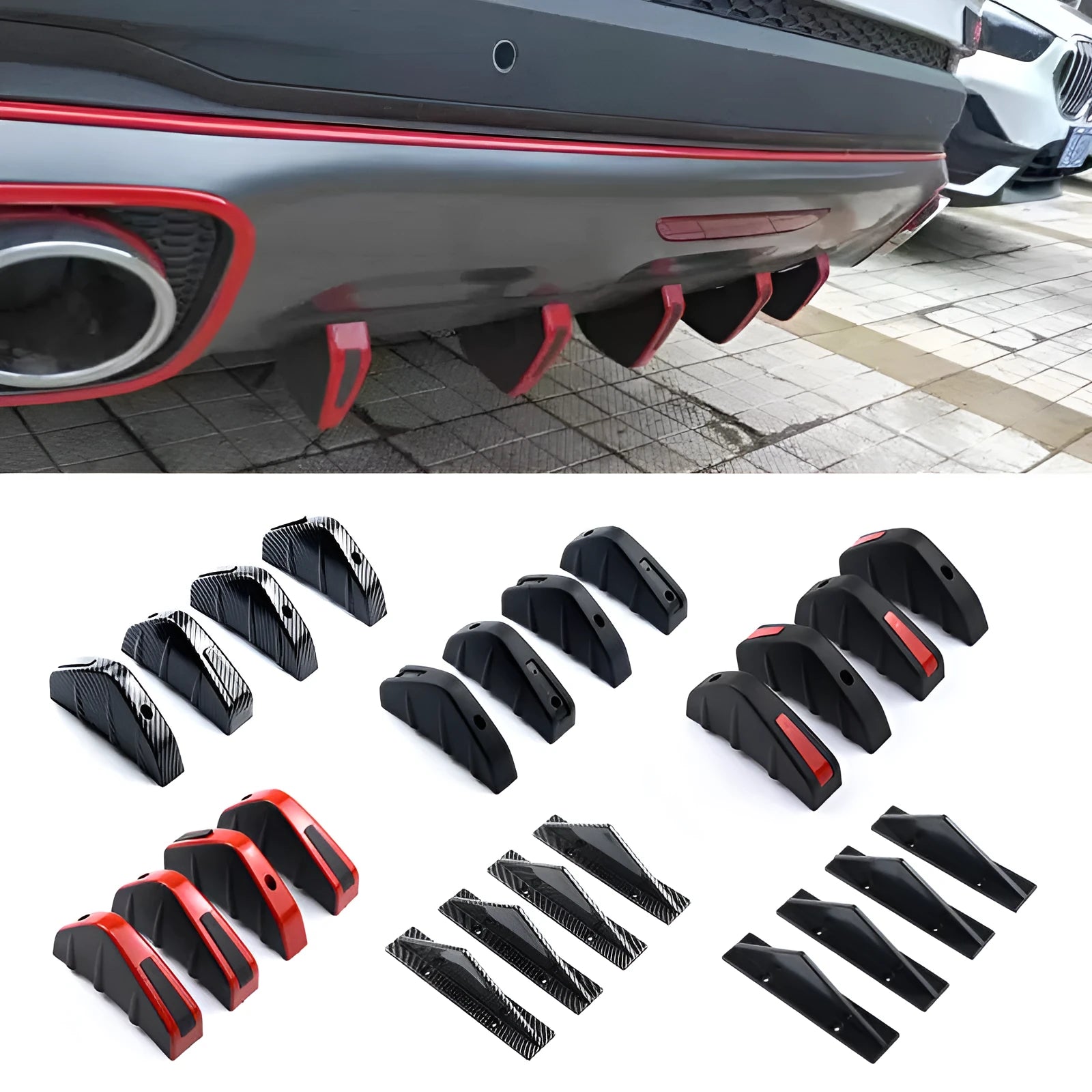 Black ABS plastic triangle car rear spoiler measuring 15cm wide, shown with adhesive and screws.