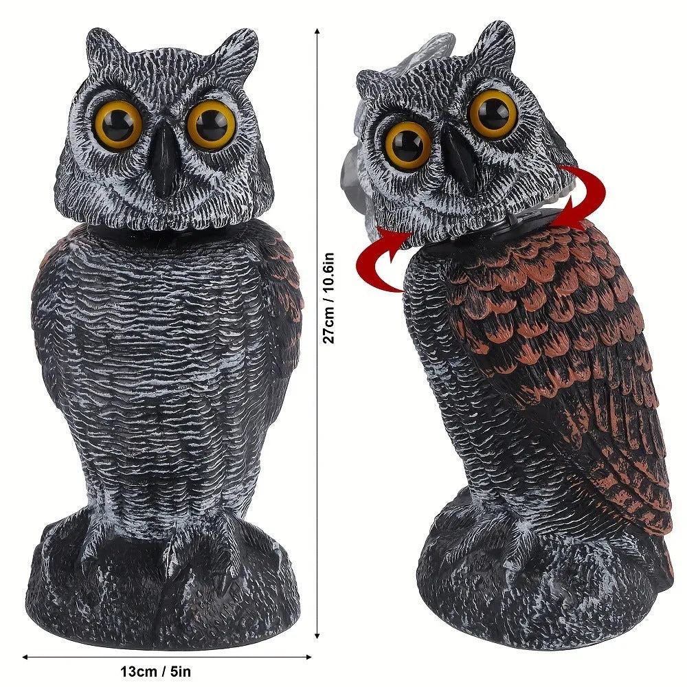 Realistic plastic artificial owl bird deterrent ornament with shaking head, for outdoor use.
