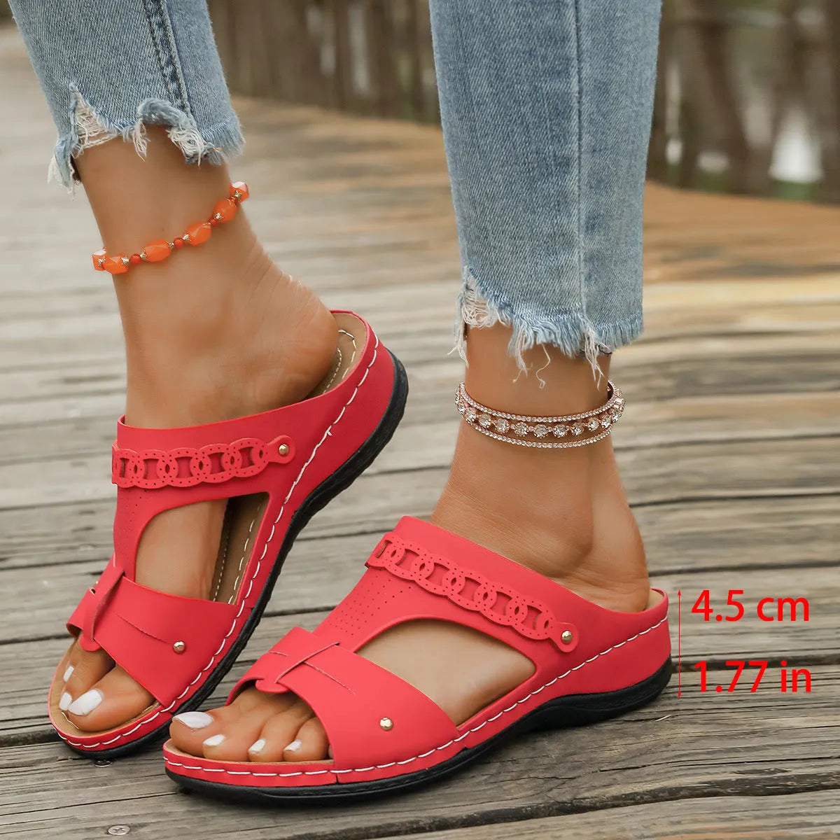 Roman style slippers with slope heel and fish mouth toe in blue, black, white, beige, red, or brown colours