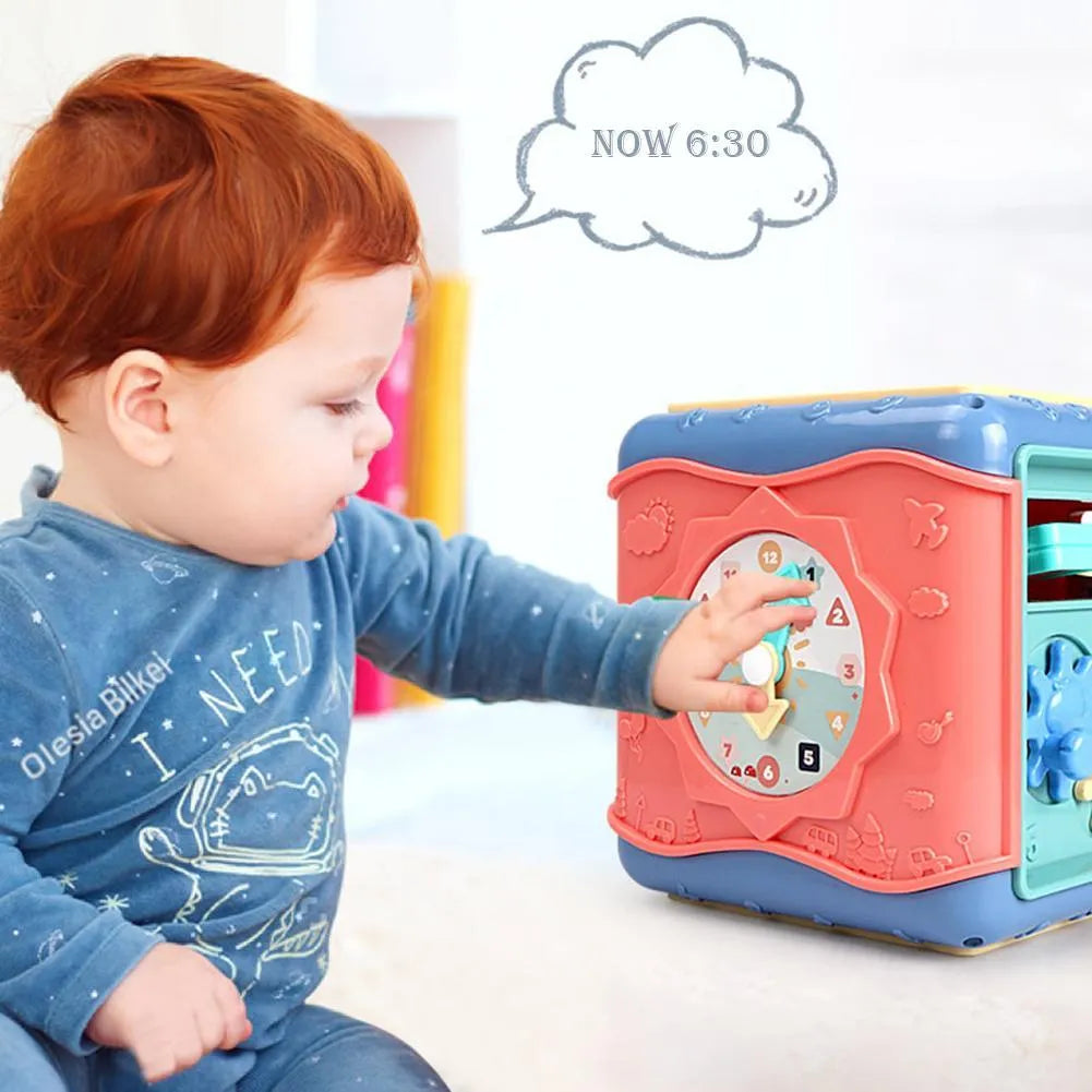 Baby hexahedron educational toy with six Montessori activity panels including bead maze and gear connections