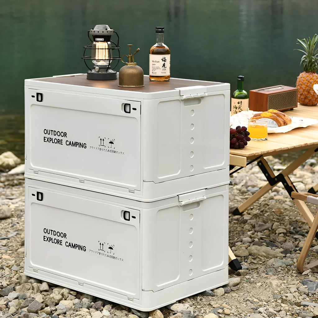 Large Nordic green foldable plastic storage box with wooden lid showing 45L capacity.
