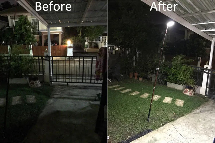 White LED fishing rod light unit mounted on top of an extended telescopic pole, with an RF remote control beside it.