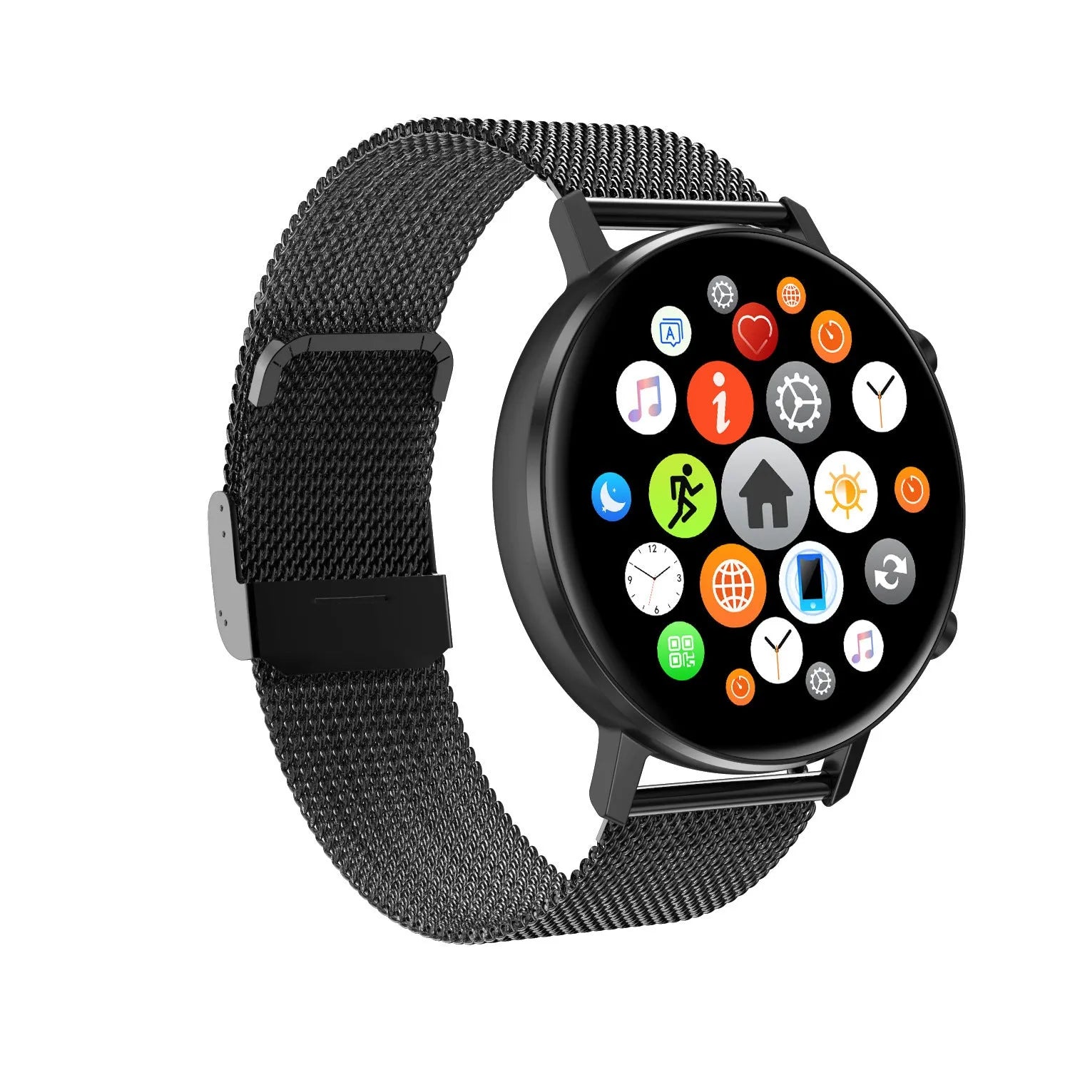 DT96 smart bracelet with steel strap on a wrist, showing its 1.3-inch display.