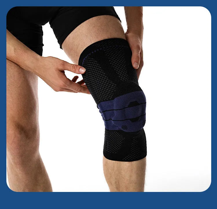 Sports knee pads in black and blue colour with nylon spandex construction for knee protection