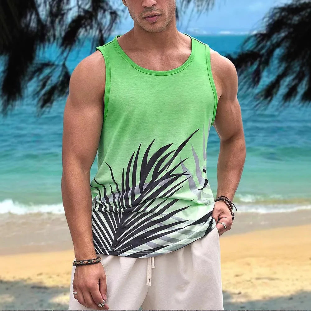 Men's solid colour sleeveless vest featuring a Hawaiian-inspired 3D printed design