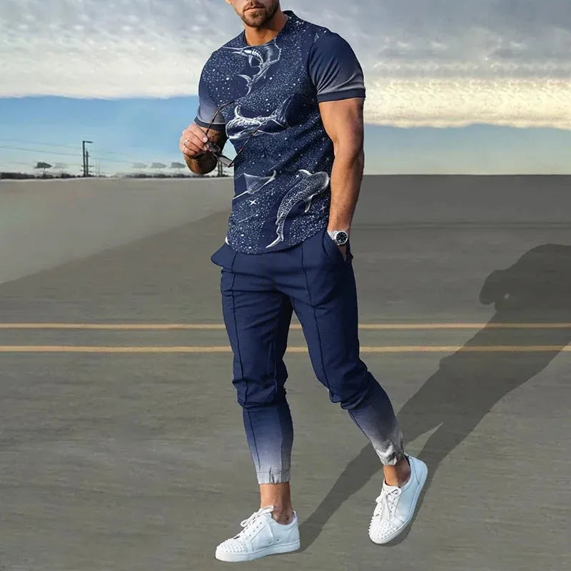 Men's short-sleeved sports top and trousers set with printed design in chemical fibre blend fabric