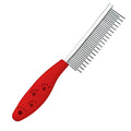 Red pet grooming comb with stainless steel short and long teeth for removing tangles and mats